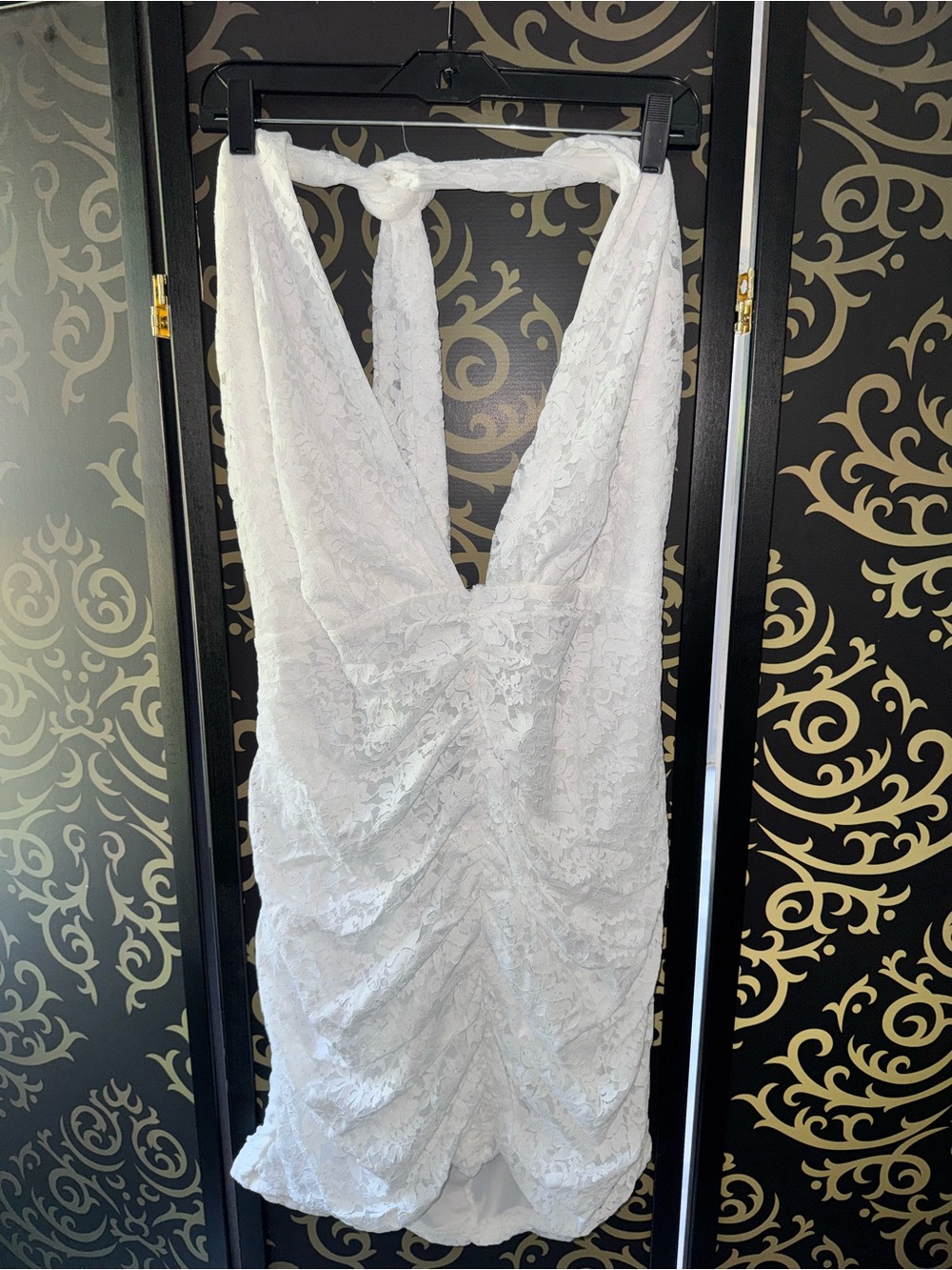 Fashion Nova White Lace Ruched Backless Halter Dress
